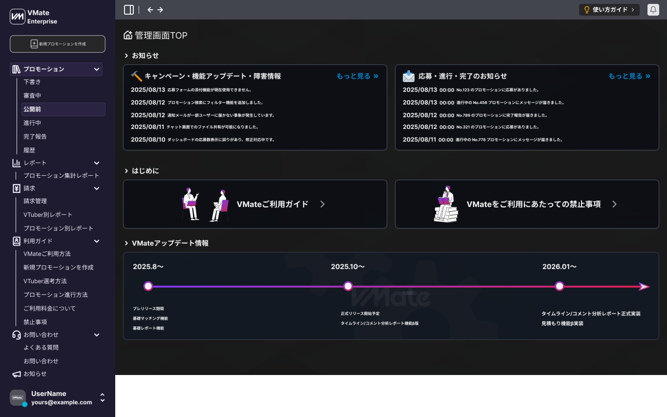 VMate広告主向け管理画面のダークテーマトップ画面