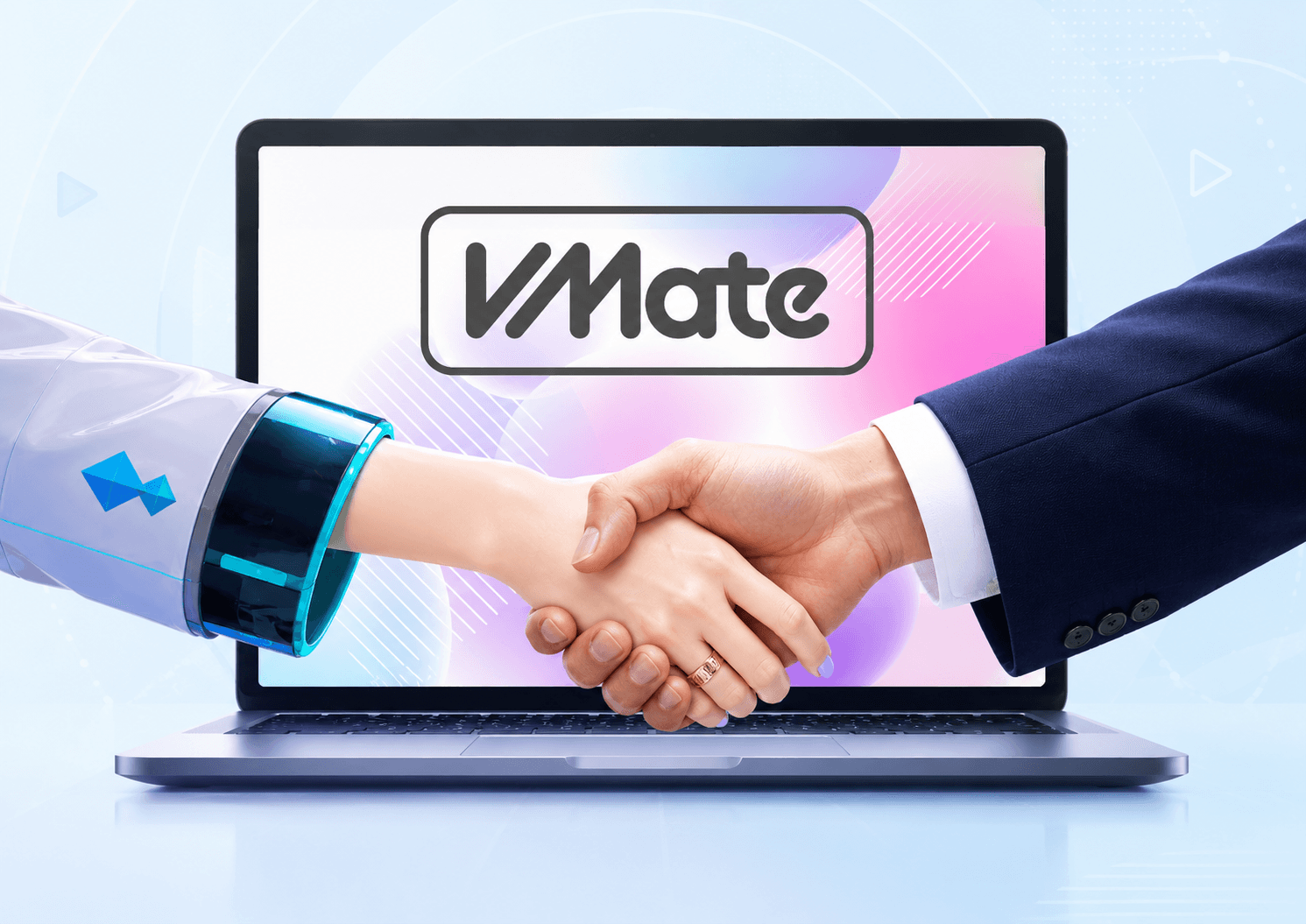 VMateロゴの前で企業側とVTuber側を想起させる手が握手しているビジュアル