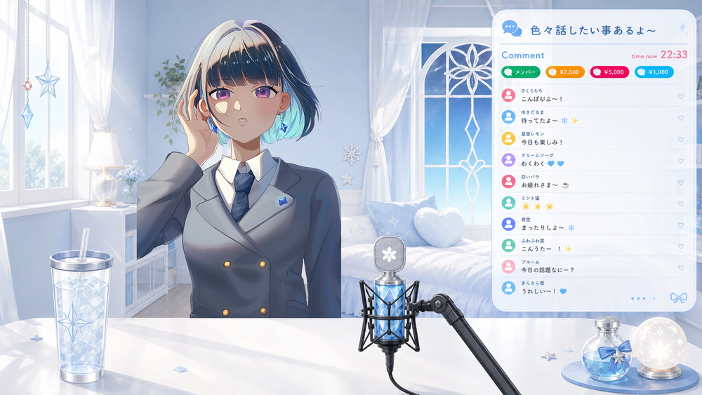 VTuberキャラクターとコメント一覧を配置したライブ配信シーンのビジュアル