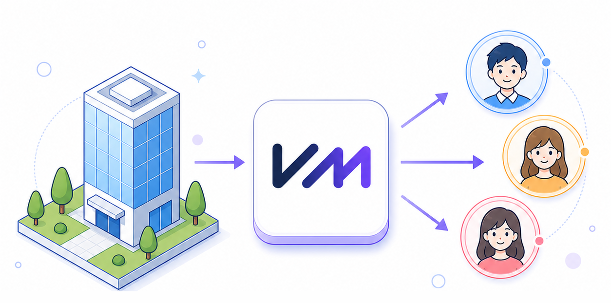 企業、VMate、複数の人物アイコンを矢印でつないだ支払い分配フロー図