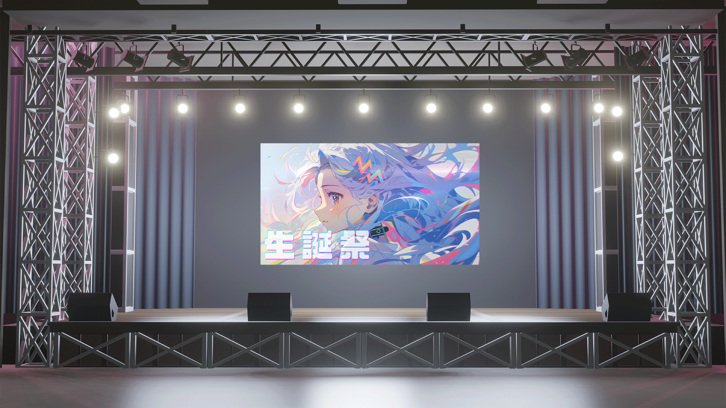ステージ中央のスクリーンに生誕祭ビジュアルを表示した会場モック