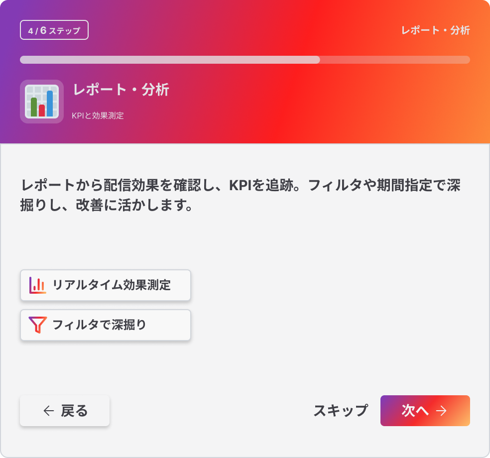 レポートと分析を案内するオンボーディング4ステップ目の画面